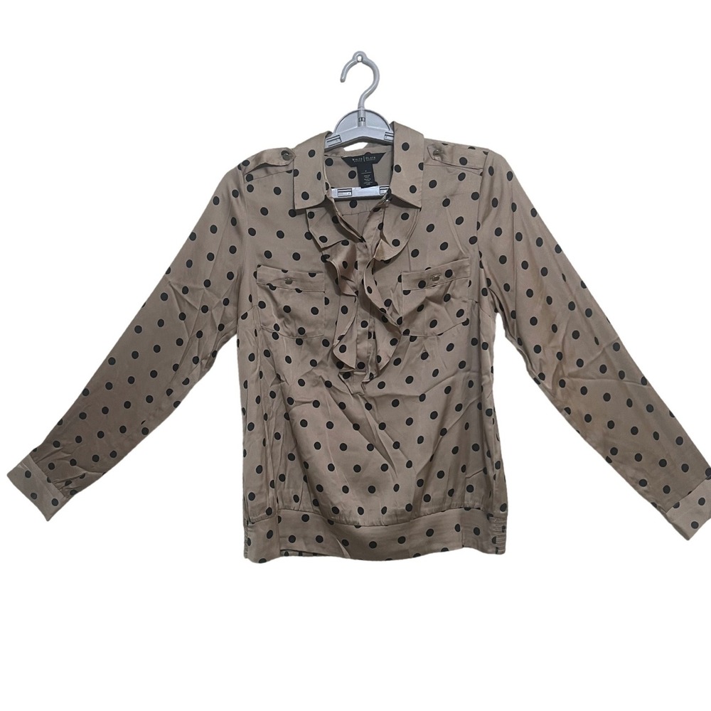 White House Black Market Blouse Women 6 Tan Excellence Polka Dot Ruffle V-Neck